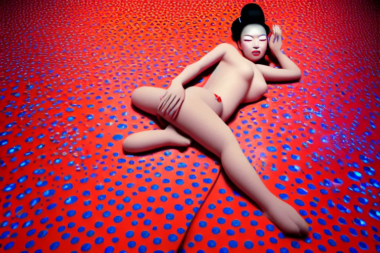 Prompt: realistic detailed image of a geisha laying down in a padded room, conjuring psychedelic background, part by yayoi kusama, part by ross tran, part by james jean, ultra realistic, highly detailed, life like face, detailed body, 8 k, octane render, trending on artstation, very cohesive, masterpiece