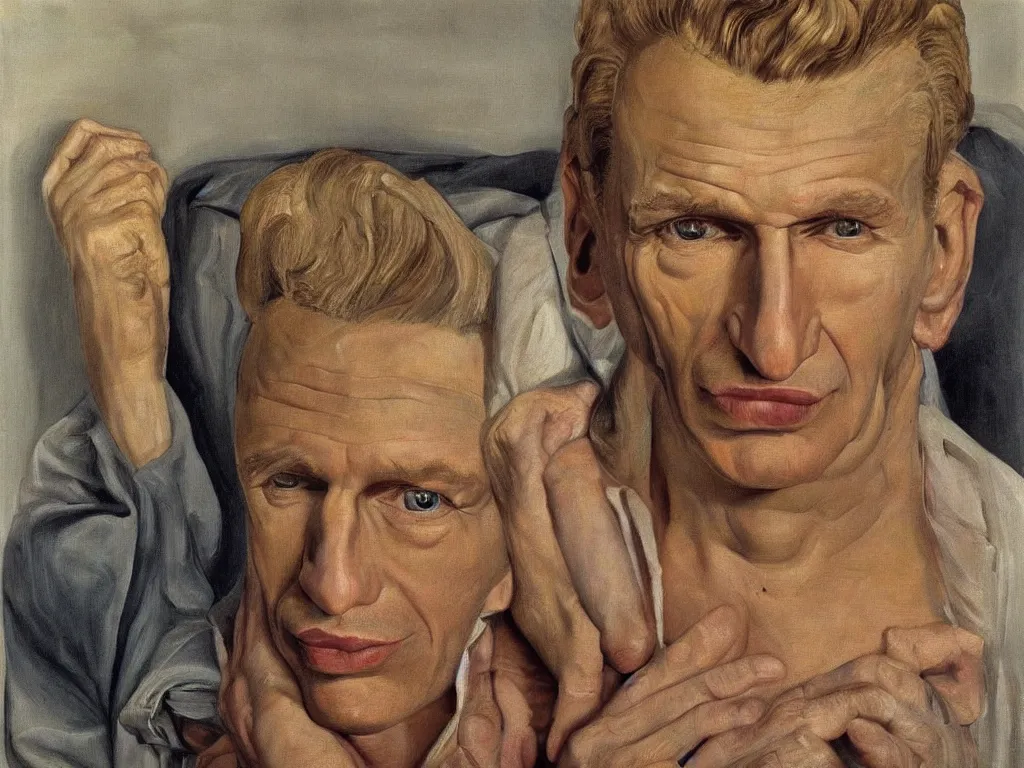 Prompt: portrait of a blonde Californian cult leader. Painting by Lucian Freud, August Sander.