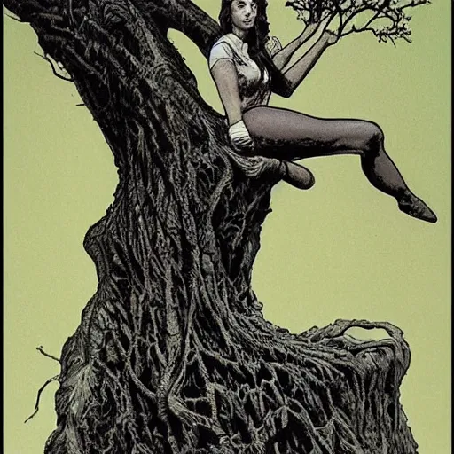 Prompt: beautiful girl in the shape of a tree by wrightson, bernie