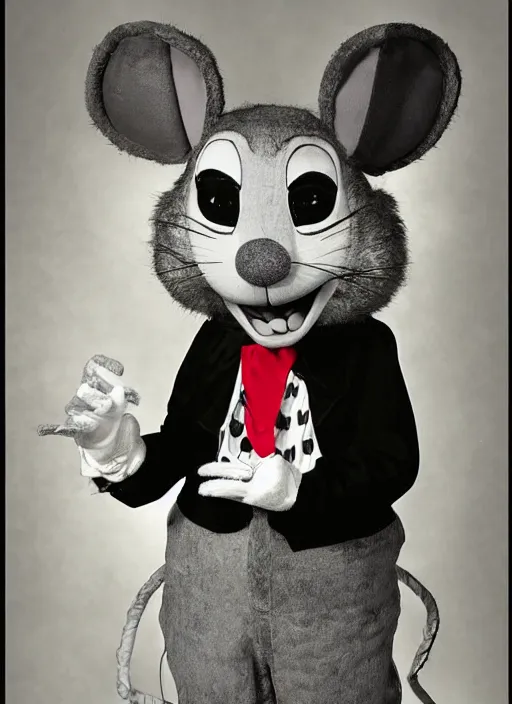 Prompt: Chuck E. Cheese mascot low quality 2007 circus portrait of an anthropomorphic rat animatronic dressed like a clown, professional portrait, official photo, camera flash, dimly lit, Chuck E. Cheese head, authentic, mouse, costume weird creepy, off putting, nightmare fuel, Chuck E. Cheese