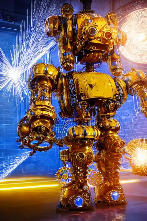 Image similar to portrait photo of a giant huge golden and blue metal humanoid steampunk robot cleaner robot, with gears tubes vaccuumcleaner, on the wet floor are mop and bucket, eyes are glowing red lightbulbs, shiny crisp finish, 3 d render, 8 k, insaneley detailed, fluorescent colors, background is multicolored lasershow