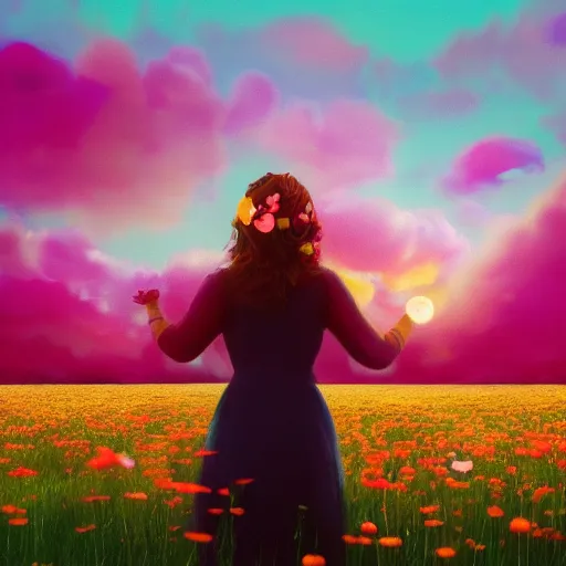 Image similar to woman with a flower face, standing in flower field, surreal photography, manipulation, sunrise, impressionist painting, colorful clouds, artstation, dali, simon stalenhag