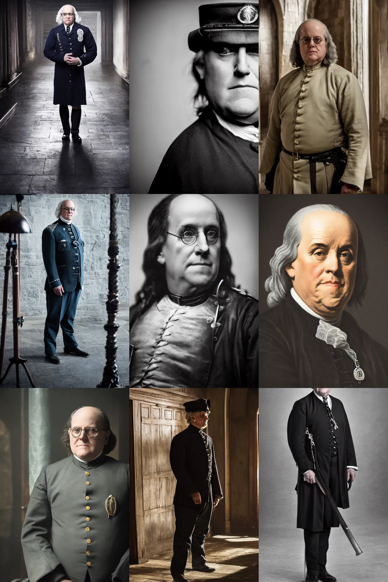 Prompt: benjamin franklin wearing a security guard uniform in game of thrones. dslr, 5 0 mm, f / 2. 8, studio lighting