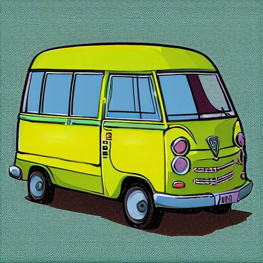 Image similar to retro painting illustration of a volswagen van, 2 d, pastel color, green, yellow, red, retro style art, trendy on artstation