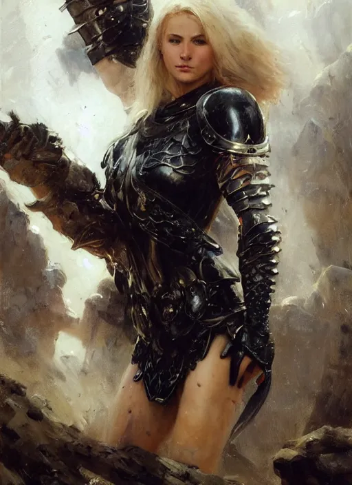 Image similar to blonde muscular woman wearing medieval black armour, detailed by gaston bussiere, bayard wu, greg rutkowski, giger, maxim verehin, greg rutkowski, masterpiece, sharp focus, cinematic lightning