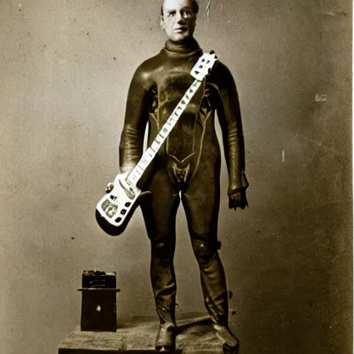 Prompt: photo of a diver wearing an old diving suit posing with an electric guitar electric guitar electric guitar electric guitar. detailed. old diving suit photos. colorized. rockstar