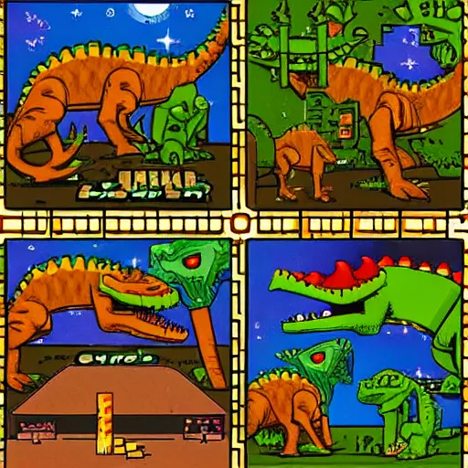 Image similar to top down fantasy roll - playing game from 1 9 8 5, dinosaurs in space village adventure, in the style of 8 - bit computer game ultima 4, played on the apple 2 e computer - w 1 0 2 4