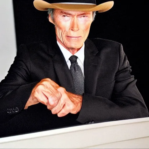 Image similar to clint eastwood in a black suit and black fedora hat. he has a desert eagle gun.