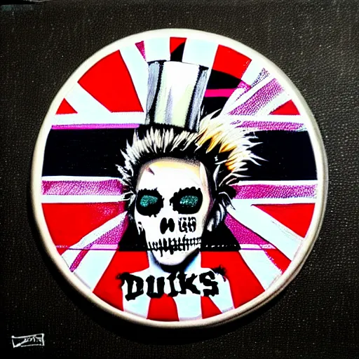 Prompt: painting on a badge, punks not dead!, exploited!!, clash, junk yard, rats!!, god save the queen, punk rock album cover art style, grunge, no future