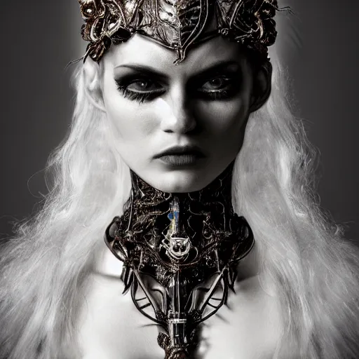 Image similar to a female model by stefan geselle and nekro borja, photorealistic, biomechanical, crystals, intricate details, hyper realistic, ornate headpiece, dark beauty, photorealistic, canon r 3, photography, wide shot, photography, dark beauty, symmetrical features