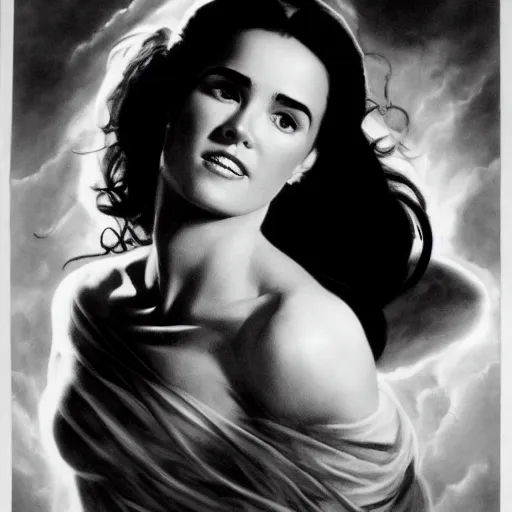 Image similar to frank frazetta portrait of jennifer connelly as angelic light being, full body, 8 k, realistic, photo real, smooth, sharp, intricate detail, hyper detail, dramatic lighting, dramatic shading