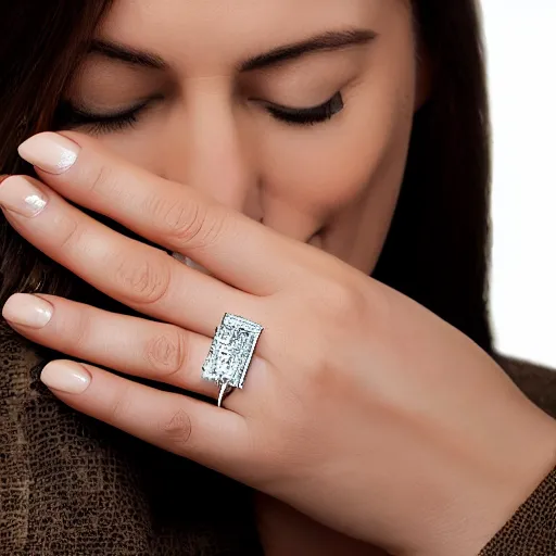 Prompt: wife wearing a ring with stunning 4 8 7 carat diamond that shimmers