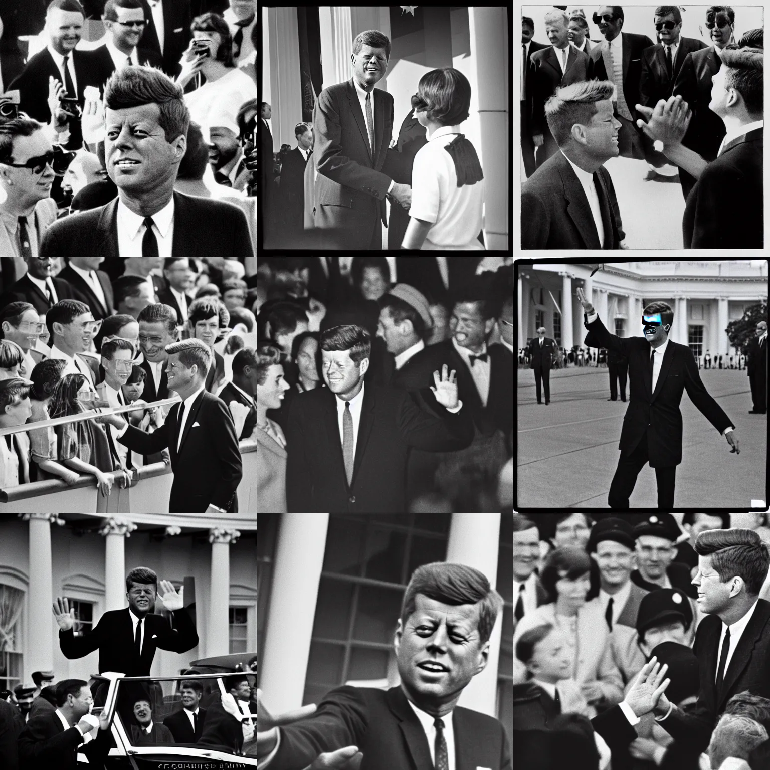 Prompt: John F. Kennedy welcoming Aliens to the White House, 1960, monochrome, instagram, trending, photograph, film grain and noise