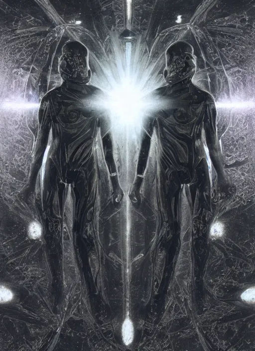 Image similar to symmetrical astronauts in dark and empty void underwater - complex and hyperdetailed technical suit. reflection and dispersion materials. rays and dispersion of light. volumetric light. 5 0 mm, f / 3 2. noise film photo. flash photography. ultra realistic, wide angle. poster by wayne barlowe, hajime sorayama aaron horkey, craig mullins