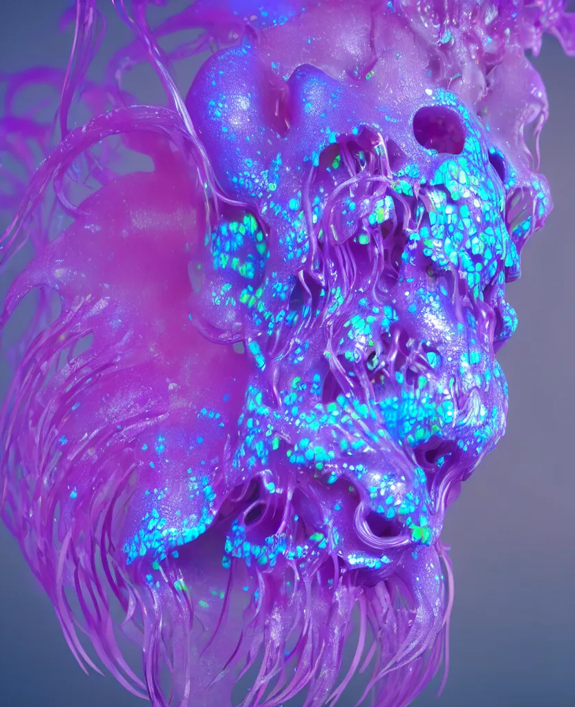 Image similar to close-up portrait. dichroic orchid jellyfish skull, betta fish, bioluminiscent creatures, intricate artwork by Tooth Wu and wlop and beeple. octane render, trending on artstation, greg rutkowski very coherent symmetrical artwork. cinematic, hyper realism, high detail, octane render, 8k