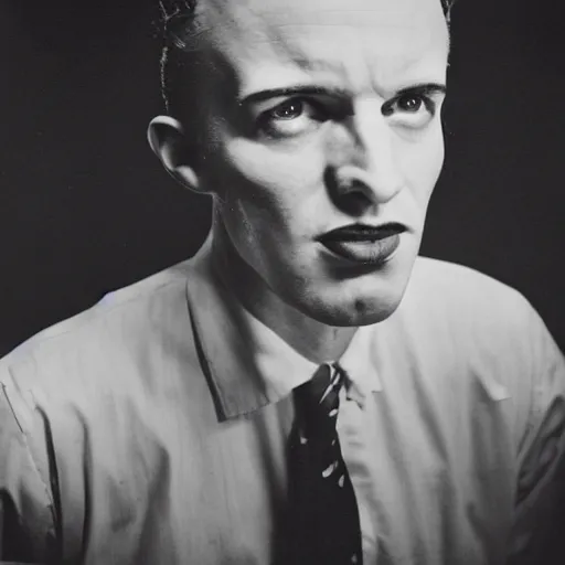 Image similar to black and white photograph irradiated man wearing a 1950s business suit portrait dramatic lighting by Walker Evans