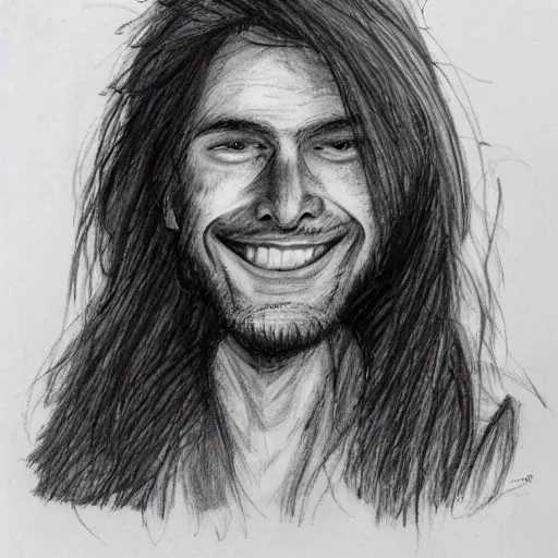 Image similar to sketch of a caucasian face, medium long hair, bad skin, skinny, oval head shape, smiling, climber