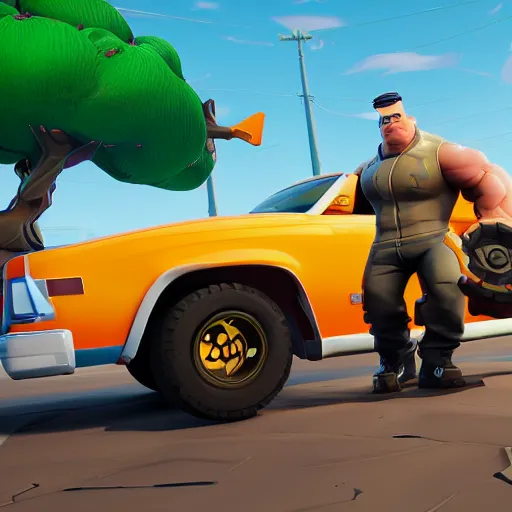 Image similar to fat john cena driving a car with really big tires, fortnite screenshot. 8k, 4k.