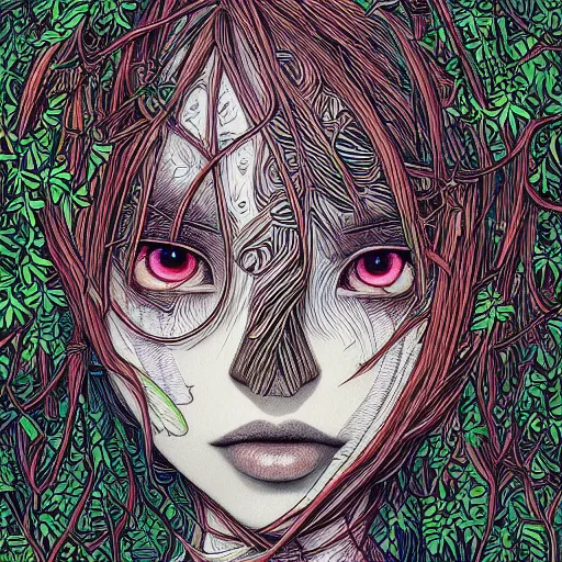 Prompt: the face of an incredibly beautiful and elegant anime teen girl partially made of tomatoes vines and grass, an ultrafine detailed illustration by james jean, final fantasy, intricate linework, bright colors, behance contest winner, vanitas, angular, altermodern, unreal engine 5 highly rendered, global illumination, radiant light, detailed and intricate environment