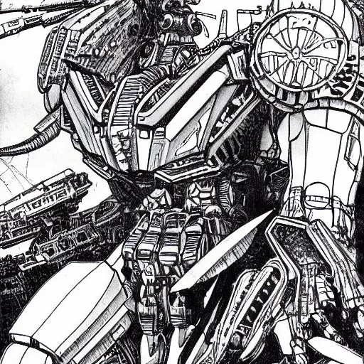 Prompt: jean giraud moebius giger giant mech gundam robot battle illustration comic black and white intricate hyperdetailed