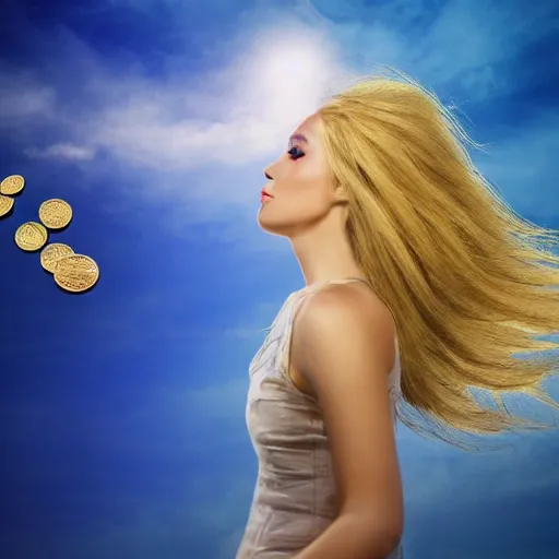 Prompt: fractal landscape golden clouds field of us coins beatific blonde woman with wings high detail 8 k