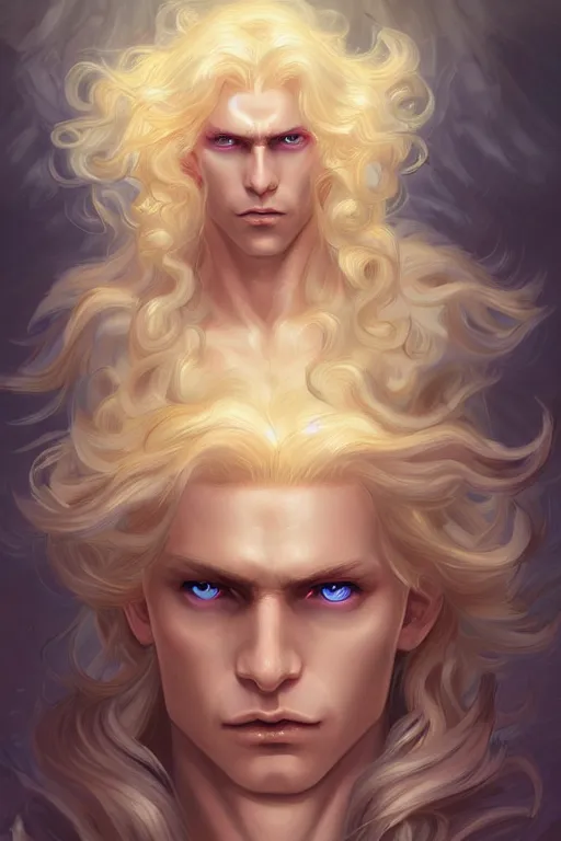 Prompt: digital art of a pale menacing male Cyborg Angel of Battle with fluffy blond curls of hair and piercing opal eyes, third eye forehead pearl, central composition, he commands the fiery power of resonance and wrath, very very long blond curly hair, baroque curls, by WLOP, Artstation, CGsociety