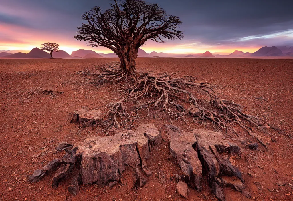 Image similar to amazing landscape photo of the Namib landscape with mountains in the distance and a dead tree stump on the rocks in the foreground by marc adamus, beautiful dramatic lighting, 16mm wide angle lens