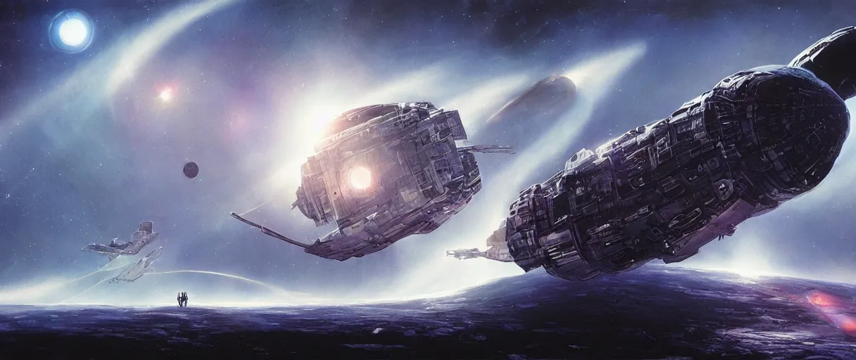 Image similar to concept art, ONE exploration spaceship drifting in space, the expanse tv series, industrial design, immensity, spatial phenomenon, space debris, cinematic lighting, low contrast, low saturation, 4k, greebles, widescreen ratio, wide angle, beksinski, sharp shapes, maximalist, film grain