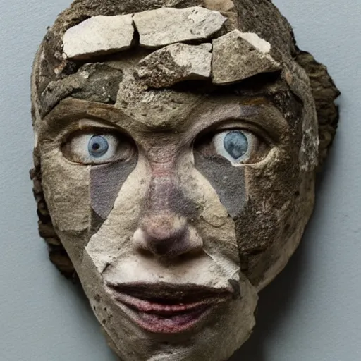 Prompt: the broken face of psychosis made of stone wood and herbs