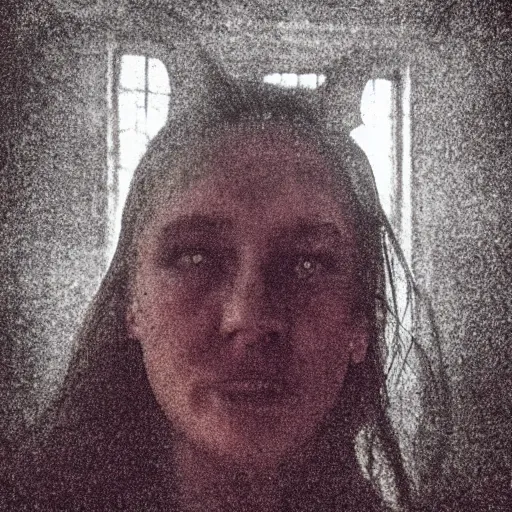 Image similar to a selfie of a woman in a dark room, with a spooky filter applied, in a halloween style.