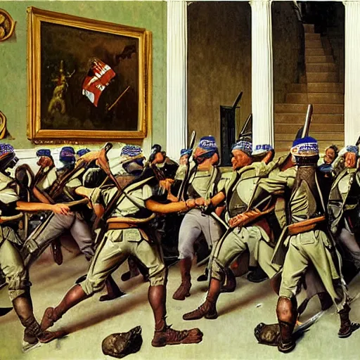 Prompt: an army of roman soldiers raids the White House, painting, stylized, by Norman Rockwell