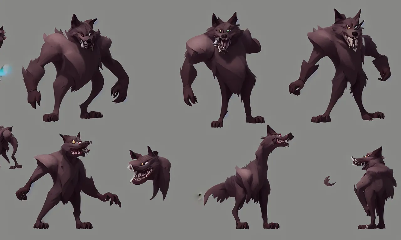 Prompt: an concept art illustration, photorealistic asset sheet, material study of an cartoony boss wolf, style by wlop and rayman legends, trending in artstation, cgsociety, octane render, ultra sharp, concept illustration, digital painting, 8 k