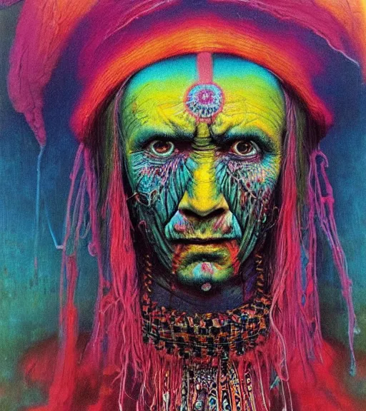 Image similar to Portrait painting in a style of Beksinski mixed with Alex Grey of an old shaman dressed in a colorful traditional clothes. Very psychodelic