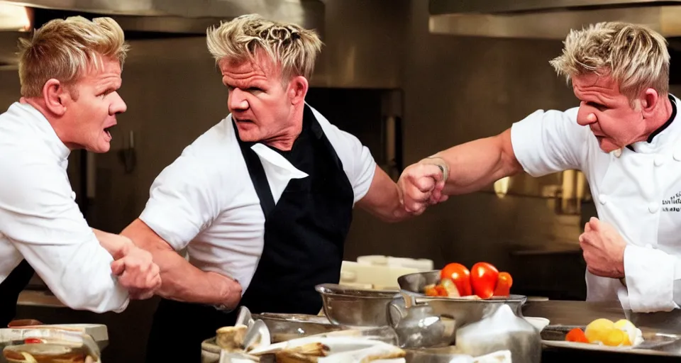 Image similar to photo of angry furious Gordon Ramsay punching Gordon Ramsay at the kitchen