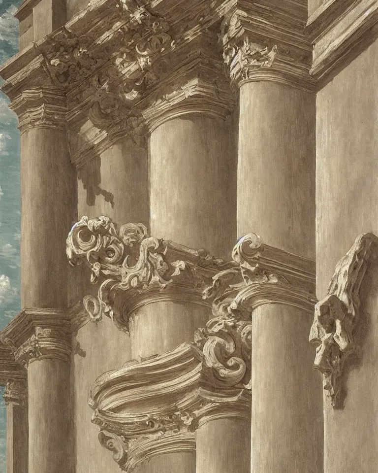 Image similar to achingly beautiful painting of intricate ancient roman corinthian capital on taupe background by rene magritte, monet, and turner. giovanni battista piranesi.