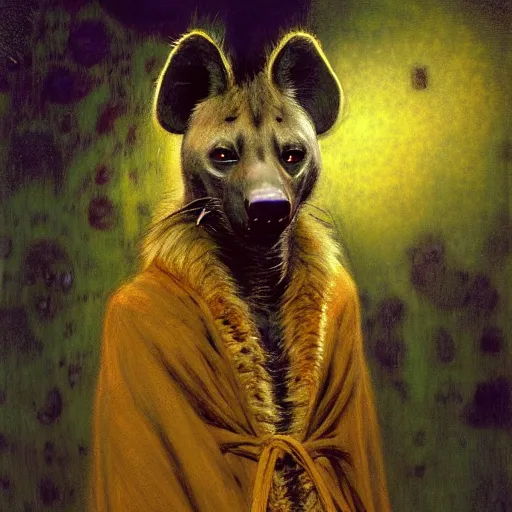 Prompt: a female hyena hyenawoman canine in magic robes at night in a dark forest. zootopia fursona furaffinity furry art detailed face painting by gaston bussiere craig mullins jc leyendecker gustav klimt artgerm greg rutkowski furry