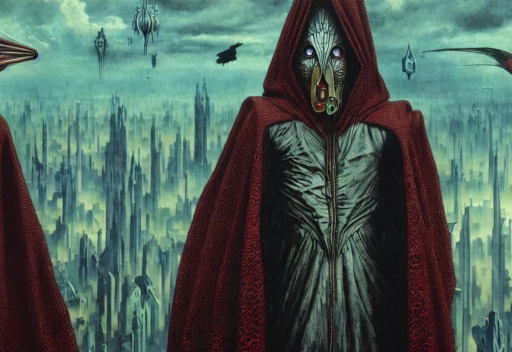 Image similar to realistic detailed portrait movie still of a birdman wearing dark robes, sci fi city landscape background by denis villeneuve, amano, yves tanguy, alphonse mucha, ernst haeckel, max ernst, ridley scott, roger dean, masterpiece, rich moody colours, cinematic, snarling dog teeth