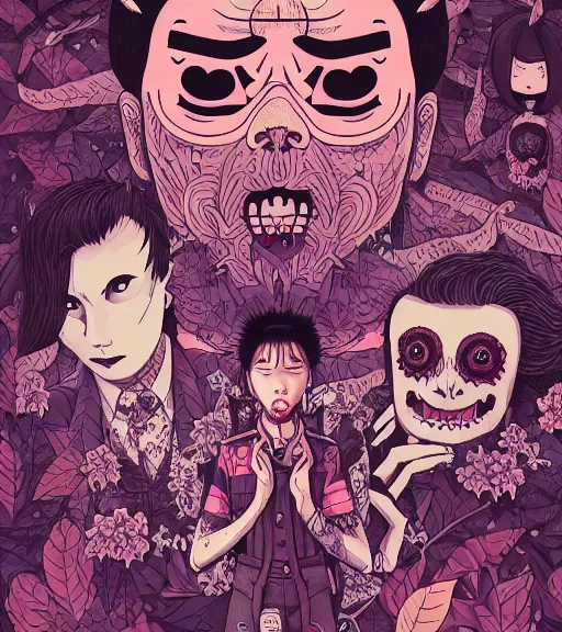 Image similar to portrait, nightmare anomalies, leaves with yakuza by miyazaki, violet and pink and white palette, illustration, kenneth blom, mental alchemy, james jean, pablo amaringo, naudline pierre, contemporary art, hyper detailed