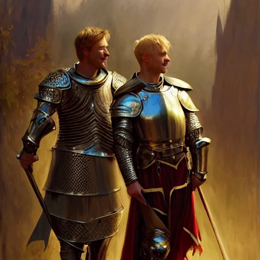 Image similar to attractive arthur pendragon and his favourite attractive male knight, they are in love, camelot, natural lighting, path traced, highly detailed, high quality, digital painting, by gaston bussiere, craig mullins, j. c. leyendecker