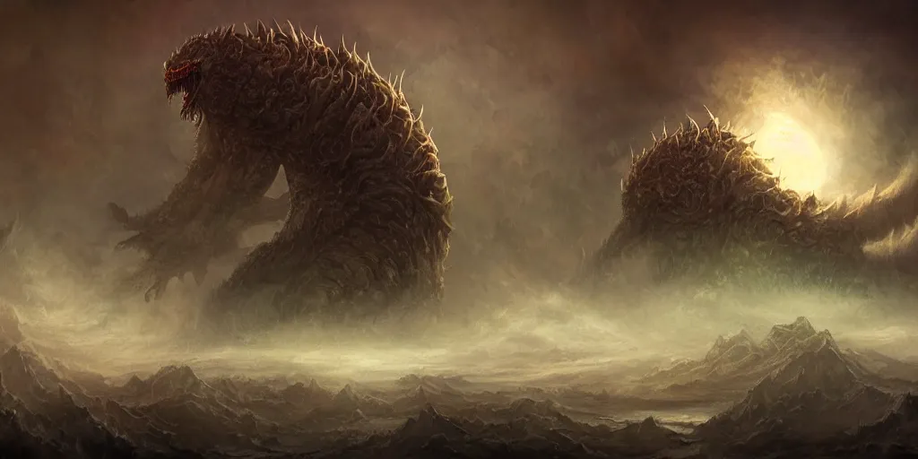 Image similar to concept art of giant kaiju, lovecraftian, roaring, melting horror, round moon, rich clouds, fighting the horrors of the unknown, mirrors, very detailed, volumetric light, mist, grim, fine art, decaying, textured oil over canvas, epic fantasy art, very colorful, ornate scales, anato finnstark