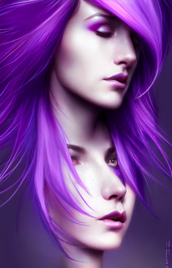 Prompt: Purple hair relistic macro Portrait of a woman with bright colored flying hair, all shades of purple. Beauty face, Hair coloring, fantasy, intricate, elegant, highly detailed, digital painting, artstation, concept art, smooth, sharp focus, illustration, art by artgerm and greg rutkowski and alphonse mucha