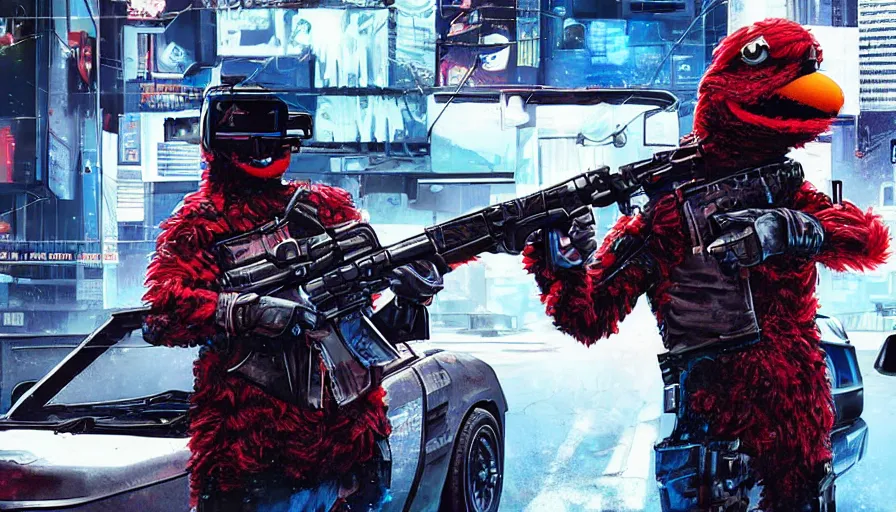 Image similar to elmo!! holding a machine gun leans out of the window of a driving car in cyberpunk, digital art, rendering, hyperrealistic, photorealism