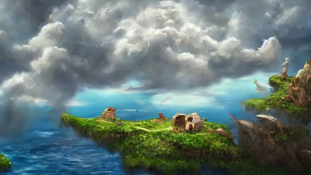 Image similar to floating island, trending on art station, oil painting, concept art