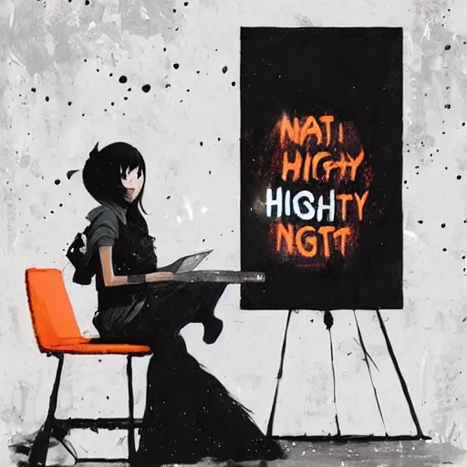 Prompt: highly detailed painting. night is full of lights, screens, pc, phone, you cant sleep by atey ghailan, by greg rutkowski, by greg tocchini, by james gilleard, by joe fenton, by kaethe butcher, gradient orange, black and white color scheme, grunge aesthetic!!! ( ( graffiti tag wall background ) )