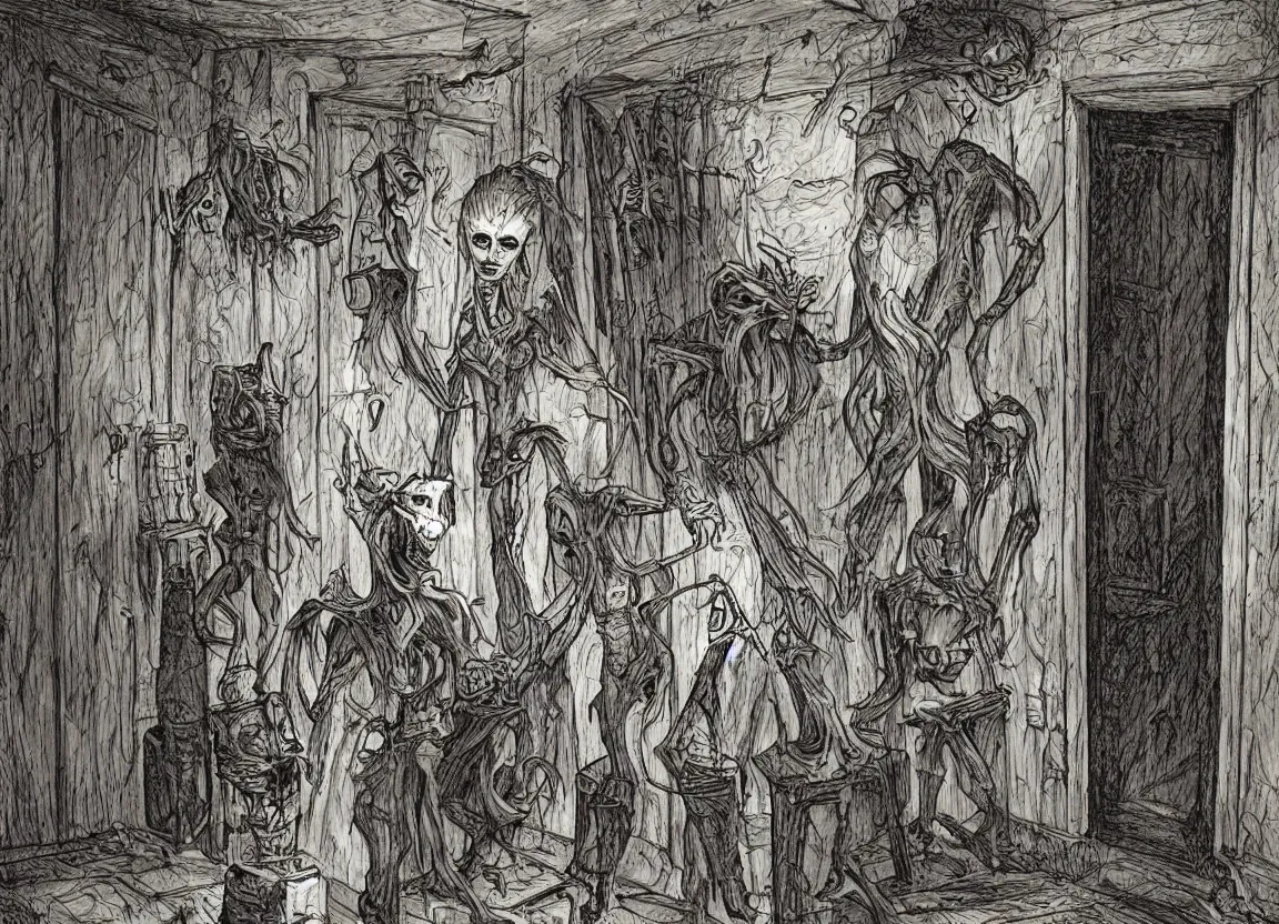 Image similar to a poltergeist inside a creepy haunted house in the style of terese nielsen