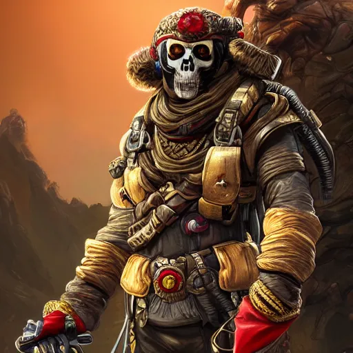 Image similar to a golden skull face monkey warrior with a ruby in his forehead, Apex Legends character digital illustration portrait design, by android jones, detailed, volumetric lighting, wide angle action dynamic portrait