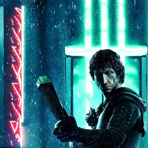 Image similar to todd howard with a switchblade knife, forcing you to buy skyrim, threatening, sharp, cinematic, colorful, digital art, neon, bright, cyberpunk, blade runner 2 0 4 9, realism, bold