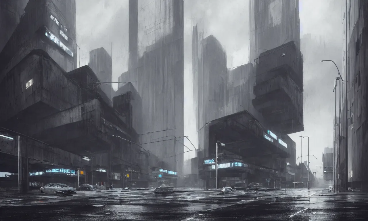 Image similar to high resolution photograph, streetscape, simple brutalist architecture, metal, concrete, wet streets, white neon lights, neon signs, flying cars, pedestrians, greg rutkowski, syd mead, ralph mcquarrie, concept art, matte painting, finely detailed, minimal artifacts, rule of thirds, dynamic lighting, cinematic, denoised, centered, artstation