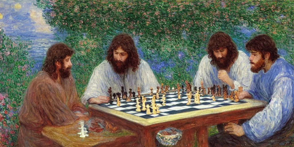 Prompt: jesus and magnus carlsen playing chess in heaven by monet