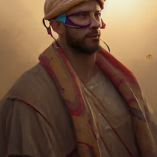 Prompt: portrait of a blindfolded man wearing a multicolored tunic and a large sun hat, detailed face, highly detailed, cinematic lighting, digital art painting by greg rutkowski